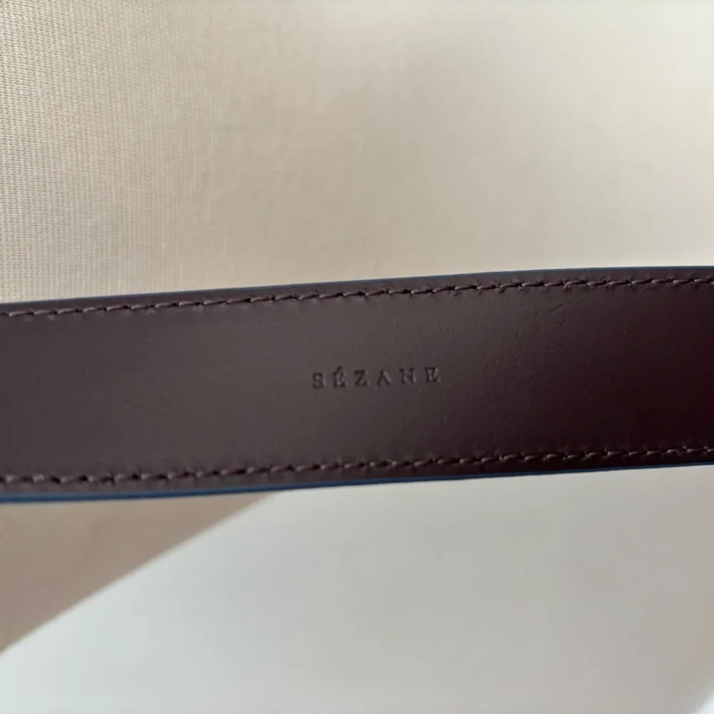Sezane Thelma Suede Belt Round Buckle Statement Leather Denim Blue Gold 75 cm